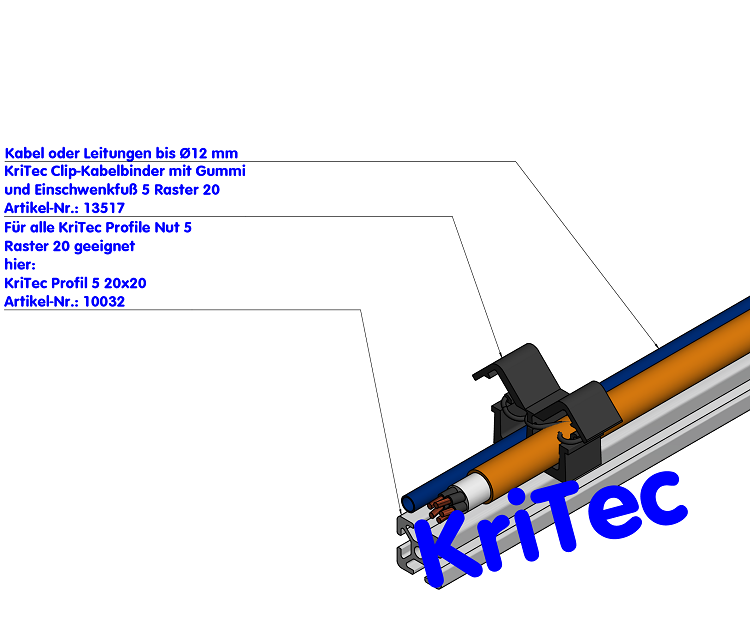KriTec Clip-Kabelbinder mit Gummi und Einschwenkfuß 5 Raster 20