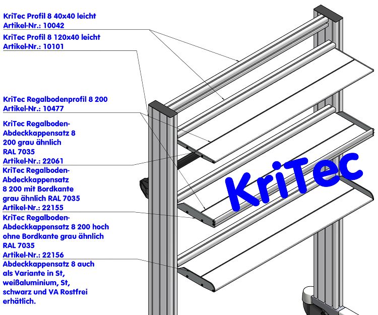KriTec Regalboden-Abdeckkappensatz 8 200 mit Bordkante grau ähnlich RAL 7035