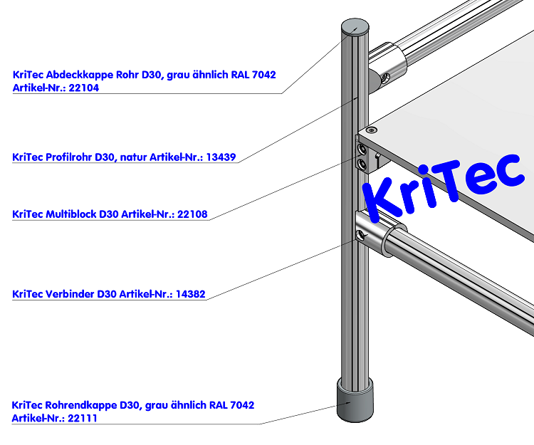KriTec Abdeckkappe Rohr D30, grau ähnlich RAL 7042
