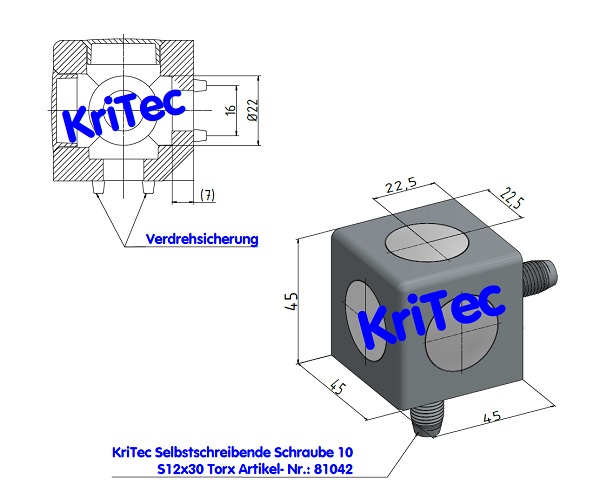 KriTec Würfelverbindungssatz 10 45x45x45 ECK 3D, Abdeckkappe silber