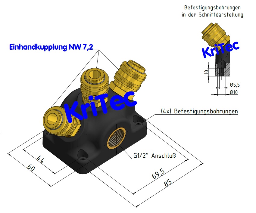 KriTec Druckluftanschlussdose 3x Entlüftungskupplung NW 7,2