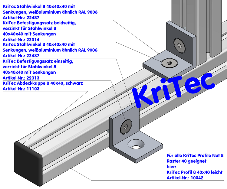 KriTec Stahlwinkel 8 40x40x40 mit Senkungen, weißaluminium ähnlich RAL 9006