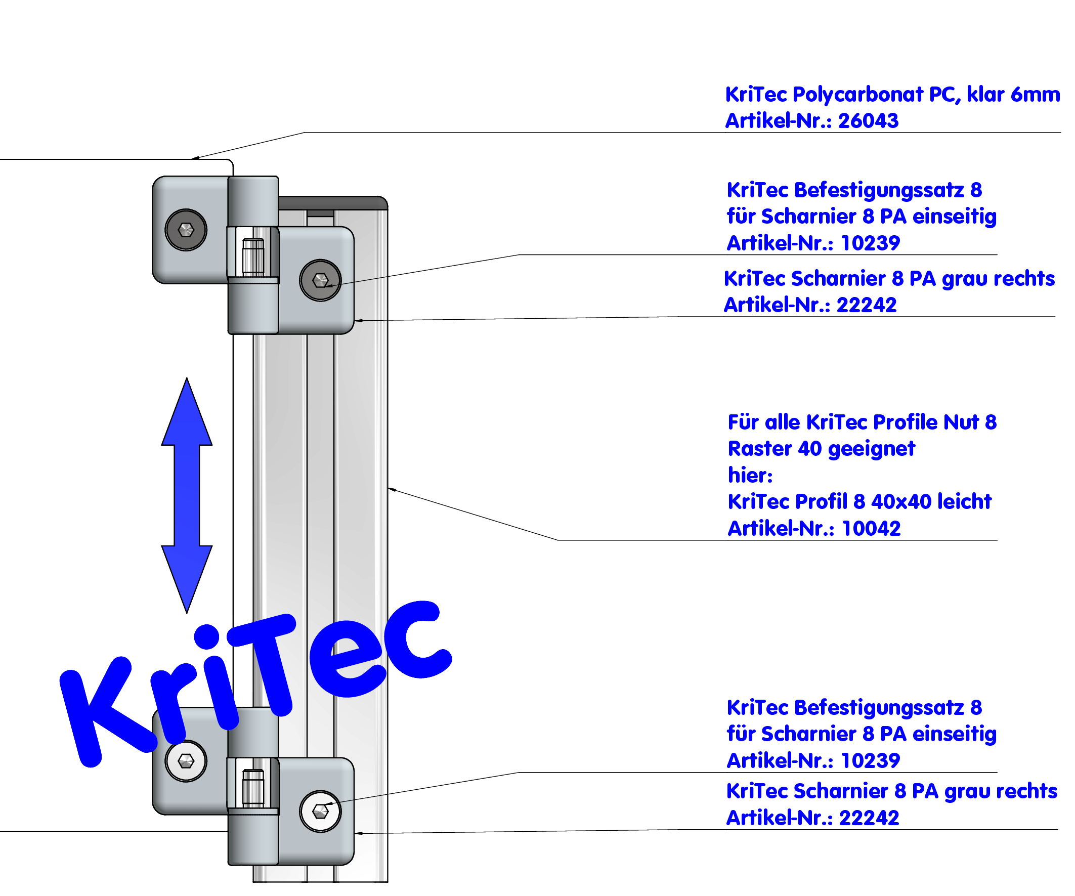 KriTec Scharnier 8 PA, rechts, grau