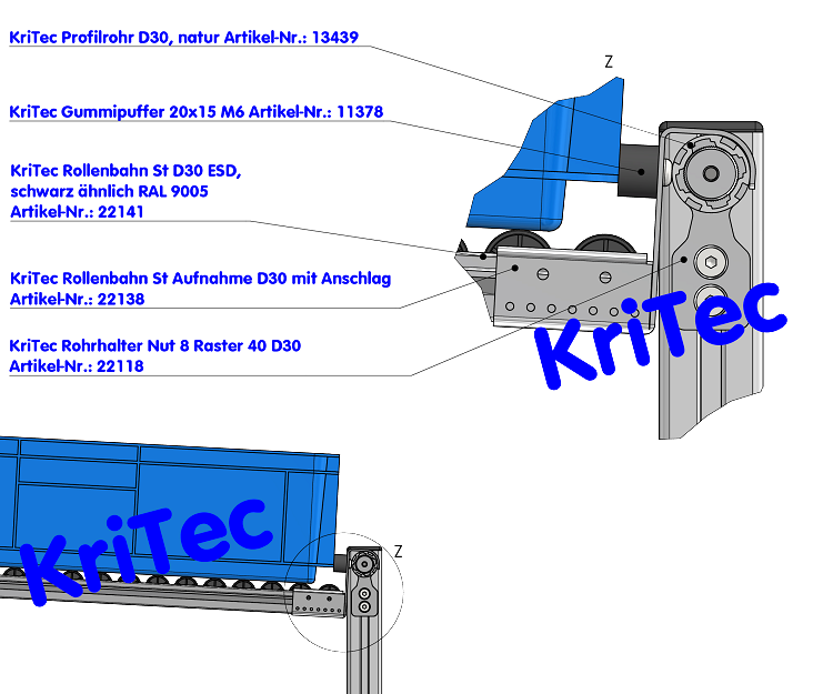 KriTec Rollenbahn St Aufnahme D30 mit Anschlag
