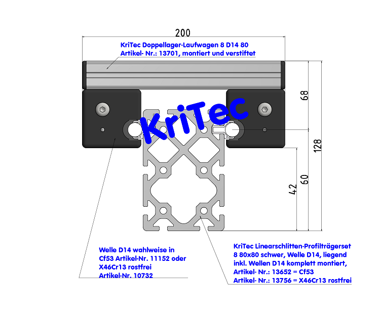 KriTec Linearschlitten-Profilträgerset 8 120x80 schwer, Welle D14, hochkant