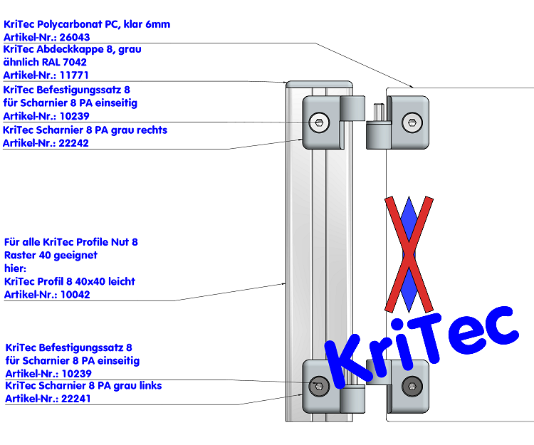 KriTec Scharnier 8 PA, links, grau