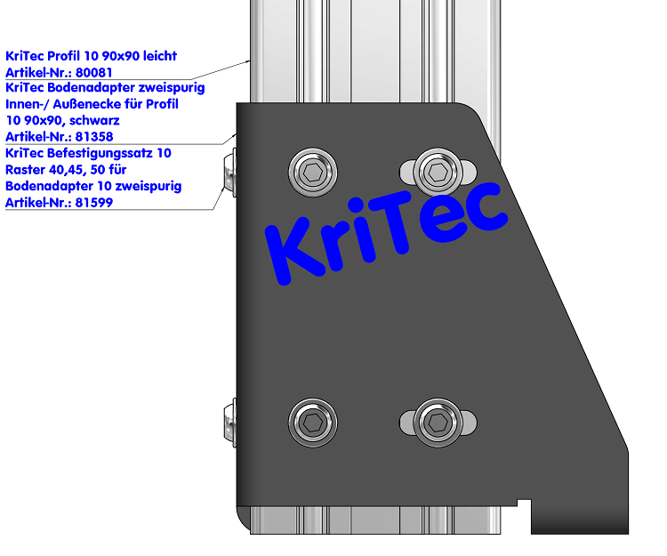 KriTec Bodenadapter zweispurig Innen-/ Außenecke für Profil 10 90x90, schwarz