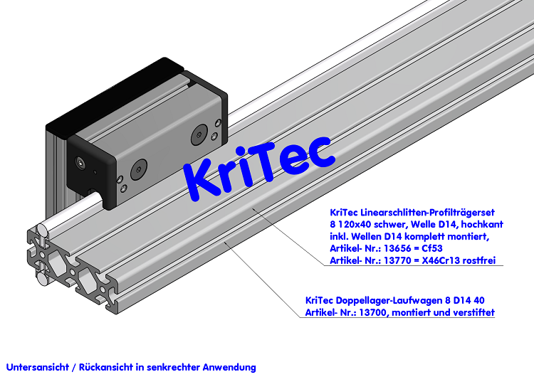 KriTec Linearschlitten-Profilträgerset 8 120x40 schwer, Welle D14, hochkant