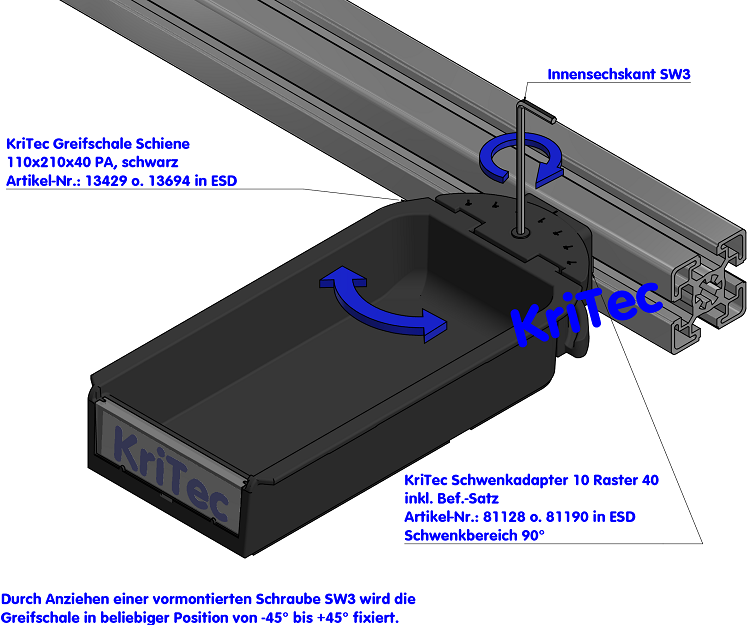 KriTec Greifschale Schiene 110x210x40 PA, schwarz, ESD
