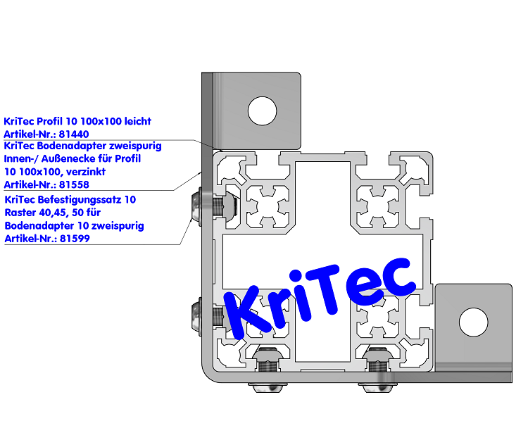 KriTec Bodenadapter zweispurig Innen-/ Außenecke für Profil 10 100x100, verzinkt