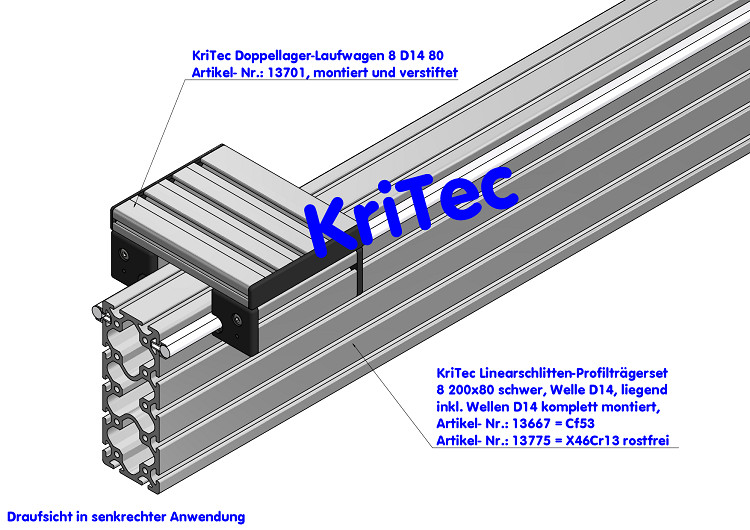 KriTec Linearschlitten-Profilträgerset 8 200x80, Welle D14, hochkant