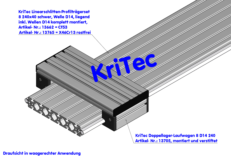 KriTec Linearschlitten-Profilträgerset 8 240x40 schwer, Welle D14, liegend