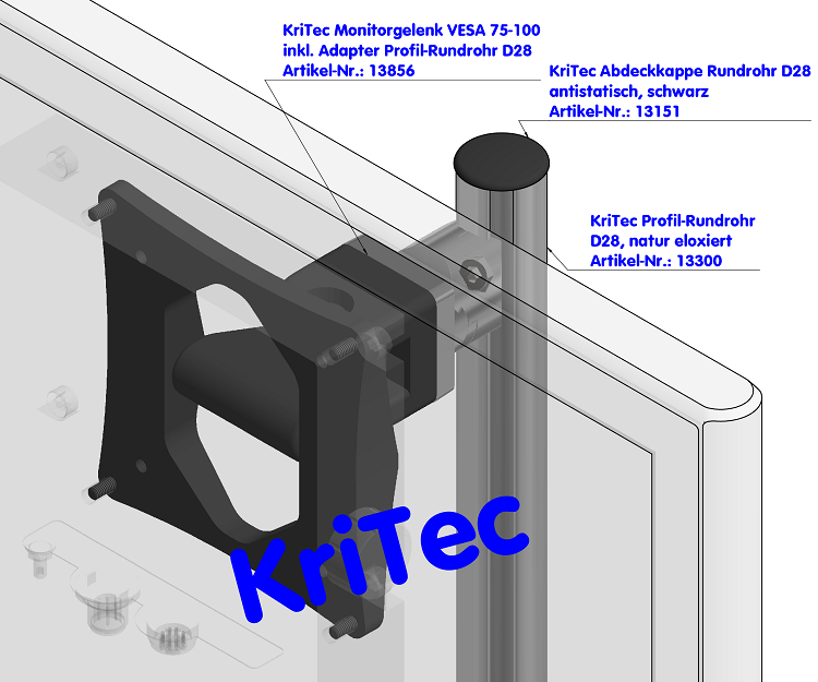 KriTec Monitorgelenk VESA 75-100 inkl. Adapter Profil-Rundrohr D28