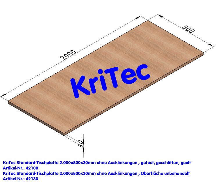 KriTec Standard-Tischplatte 2.000x800x30mm ohne Ausklinkungen