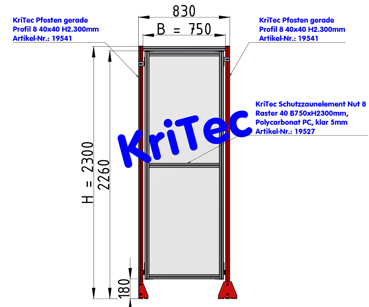 KriTec Schutzzaunelement Nut 8 Raster 40, B750xH2300mm, Polycarbonat PC, klar 5mm