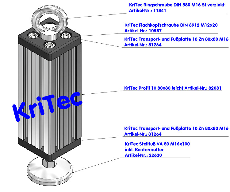 KriTec Stellfuß VA 80 M16x100 inkl. Kontermutter