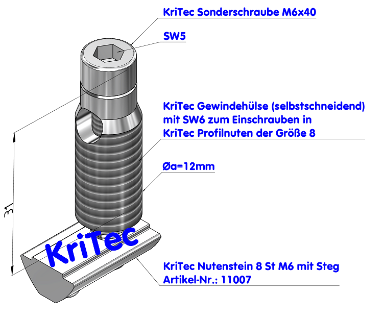 KriTec Automatik-Verbindungssatz 8 Raster 40, verzinkt mit Nutenstein mit Steg