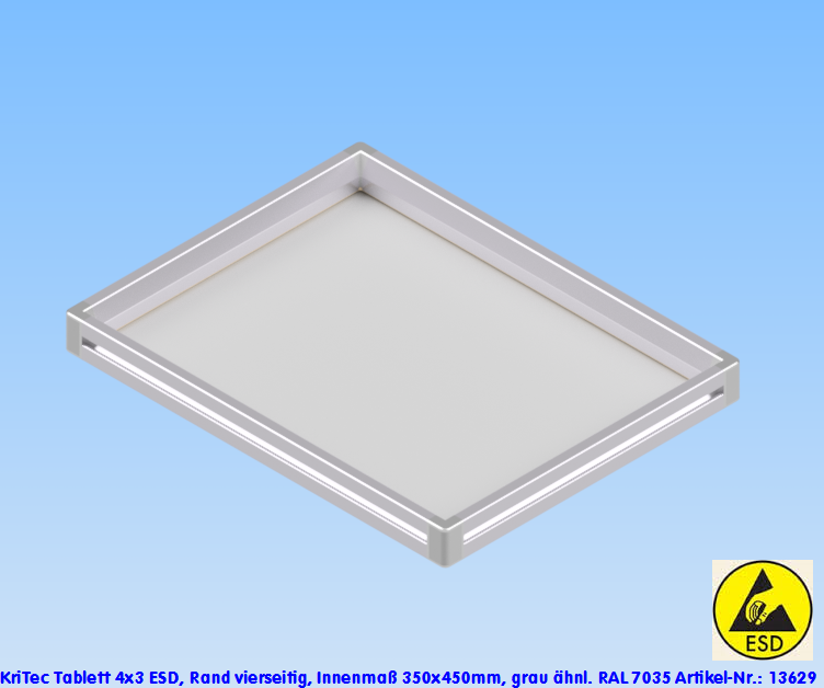 KriTec Tablett 4x3 ESD, Rand vierseitig, Innenmaß 410x310mm, grau ähnl. RAL 7035