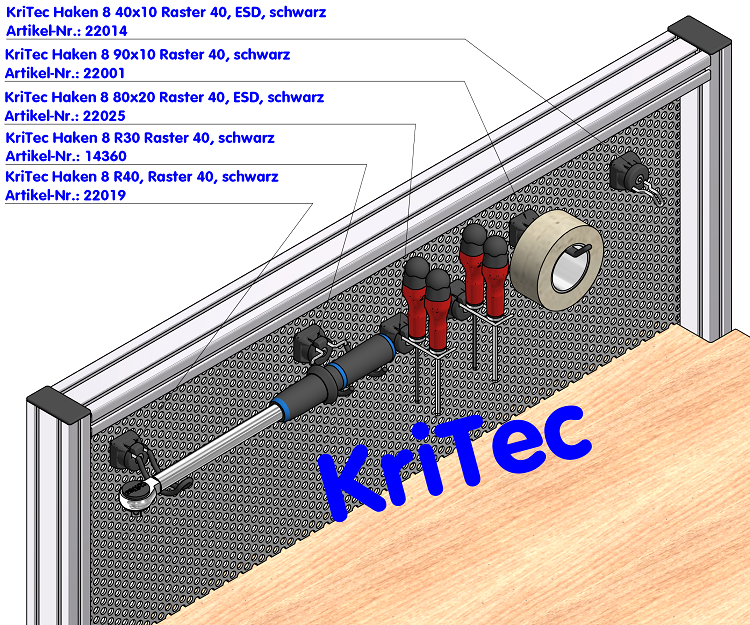 KriTec Haken 8 40x10 Raster 40, ESD, schwarz