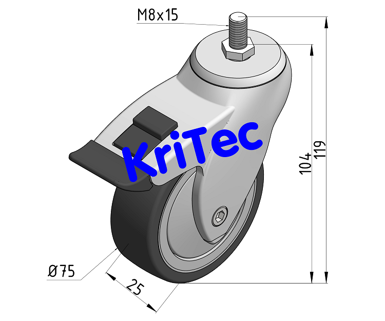 KriTec Lenkrolle D75 mit Radstopper, Vollkunststoff grau mit Bolzen M8x15