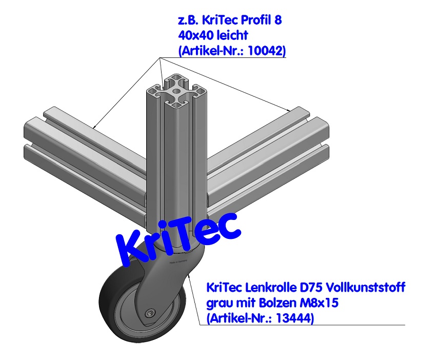 KriTec Lenkrolle D75 Vollkunststoff grau mit Bolzen M8x15