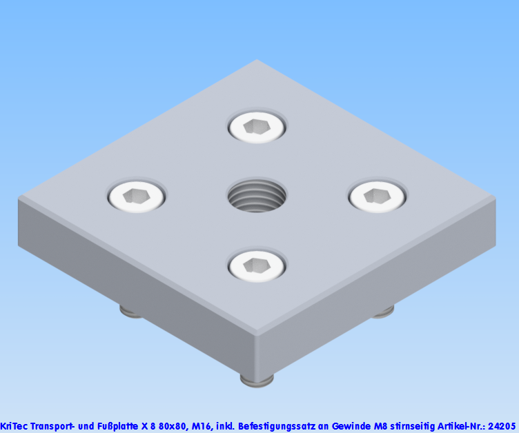 KriTec Transport- und Fußplatte X 8 80x80, M16, weißaluminium ähnlich RAL 9006