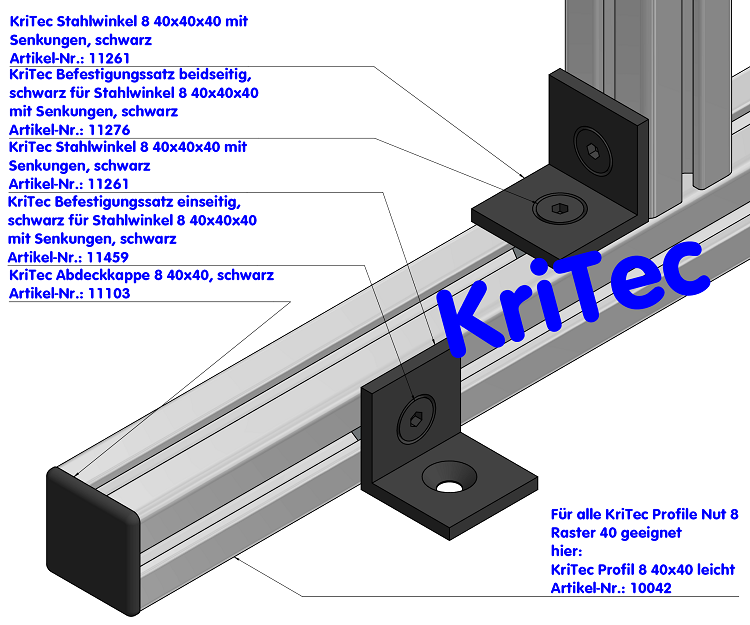 KriTec Stahlwinkel 8 40x40x40 mit Senkungen, schwarz