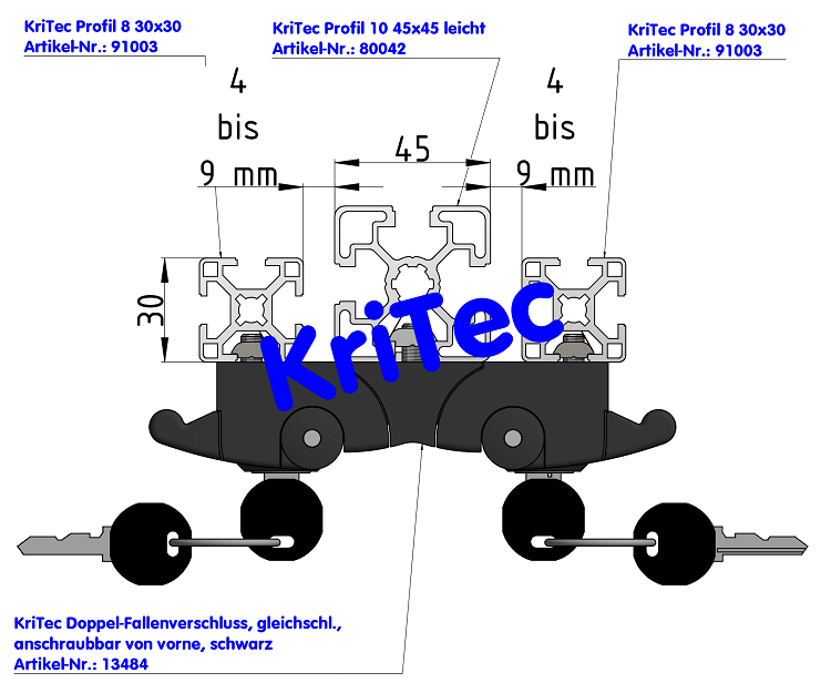 KriTec Doppel-Fallenverschluss, gleichschliessend, anschraubbar von vorne