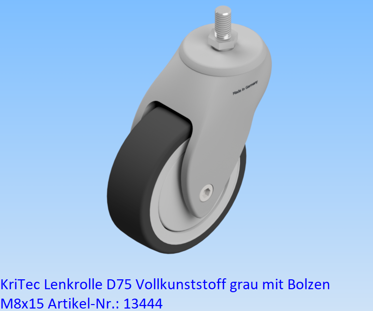 KriTec Lenkrolle D75 Vollkunststoff grau mit Bolzen M8x15