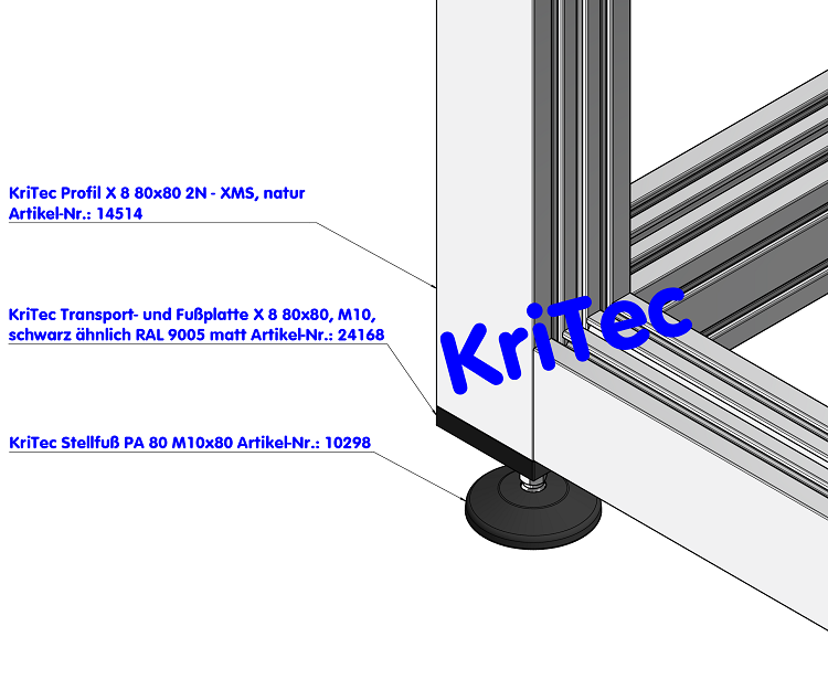 KriTec Transport- und Fußplatte X 8 80x80, M10, schwarz ähnlich RAL 9005