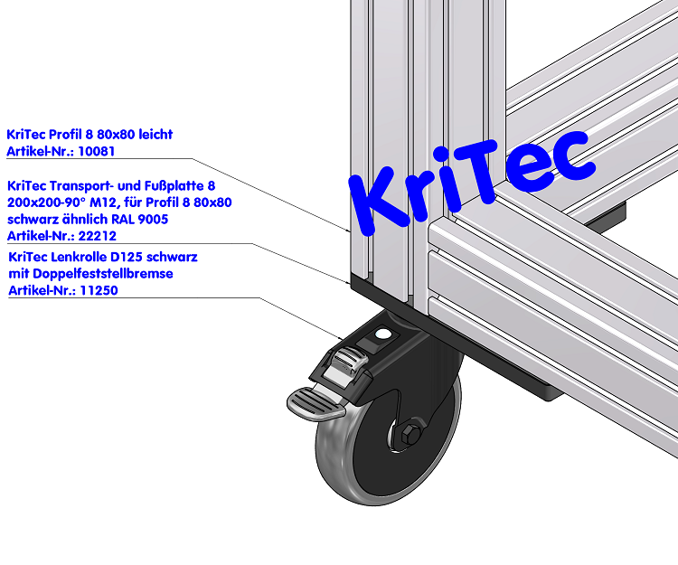 KriTec Transport- und Fußplatte 8 200x200-90° M12 für Profil 8 80x80, schwarz Profilraster: Nutenbre