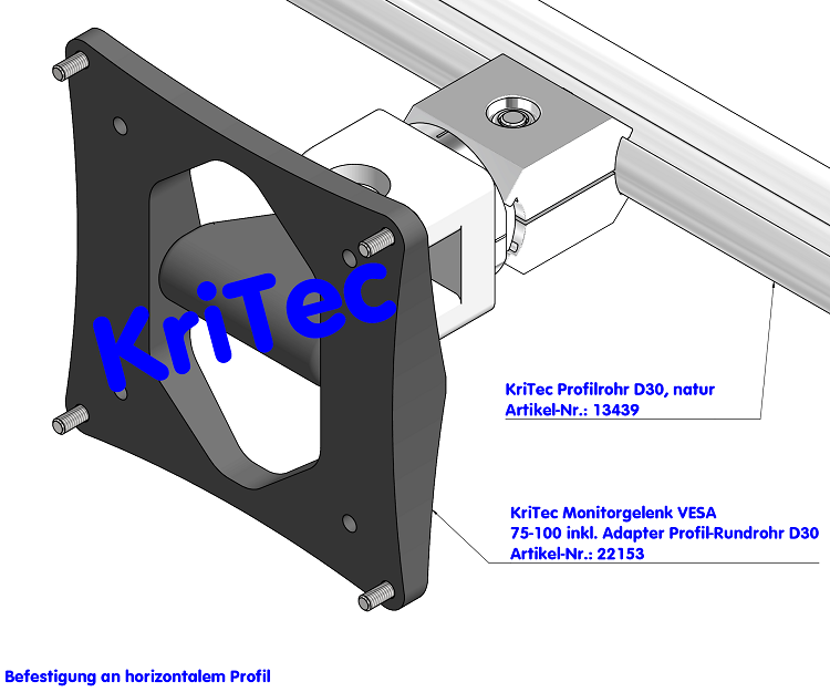 KriTec Monitorgelenk VESA 75-100 inkl. Adapter Profil-Rundrohr D30