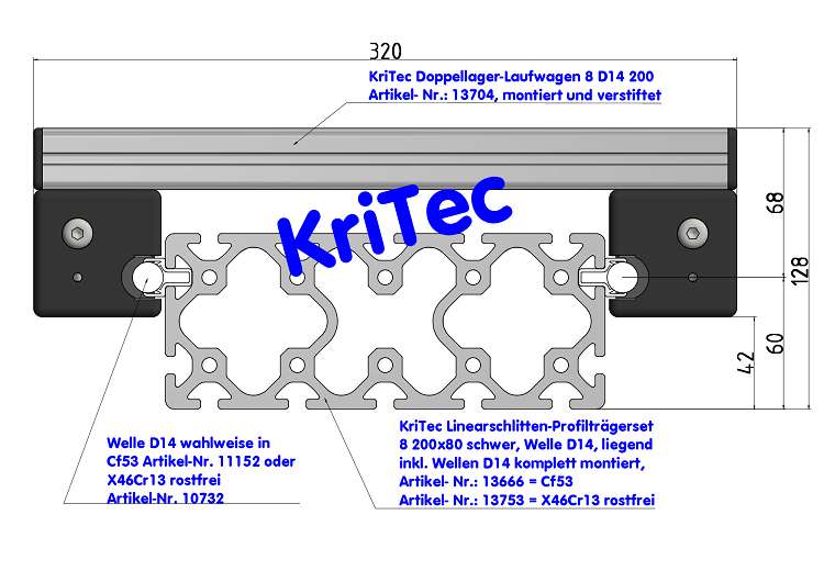 KriTec Linearschlitten-Profilträgerset 8 200x80, Welle D14, liegend