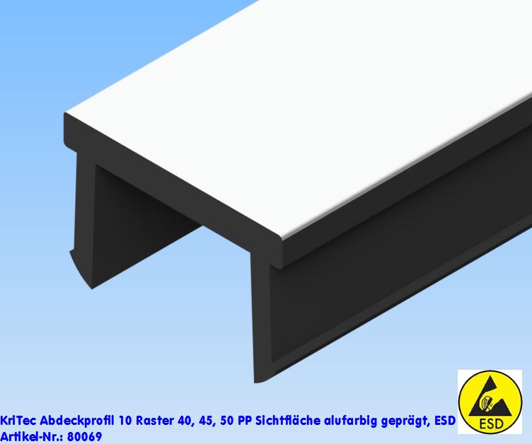 KriTec Abdeckprofil 10 Raster 40, 45, 50 PP schwarz Sichtfläche alufarbig geprägt, ESD