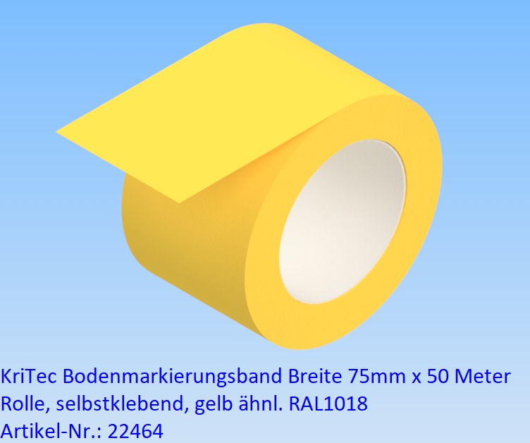 KriTec Bodenmarkierungsband Breite 75mm x 50 Meter Rolle, selbstklebend, gelb