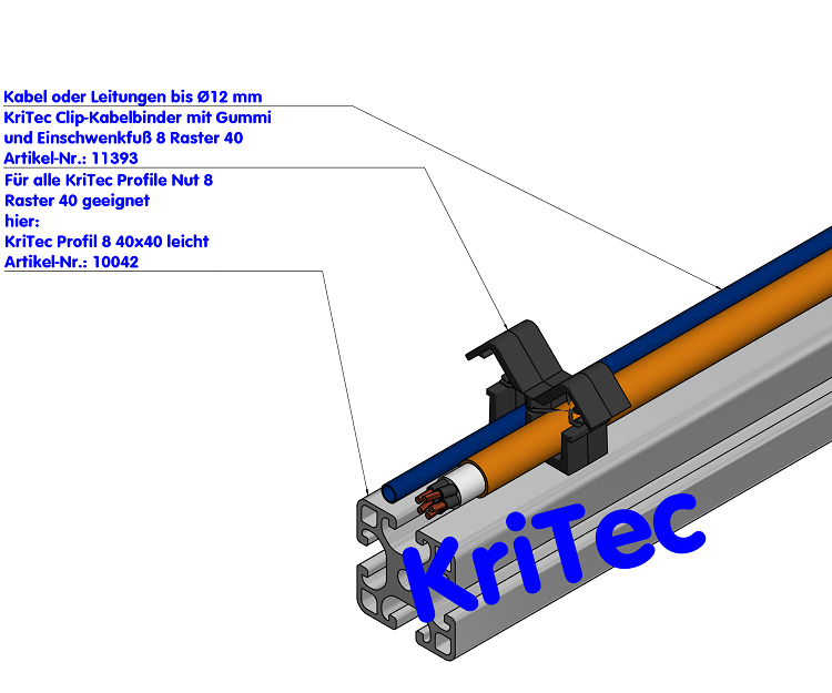KriTec Clip-Kabelbinder mit Gummi und Einschwenkfuß 8 Raster 40
