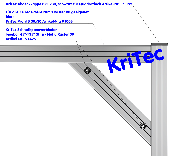 KriTec Schnellspannverbinder biegbar 45°-135° Stirn – Nut 8 Raster 30