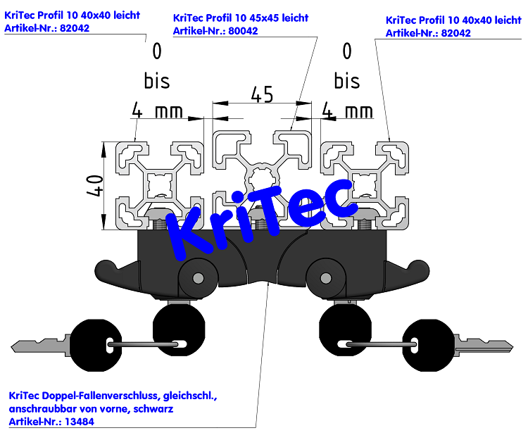 KriTec Doppel-Fallenverschluss, gleichschliessend, anschraubbar von vorne
