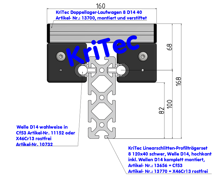 KriTec Linearschlitten-Profilträgerset 8 120x40 schwer, Welle D14, hochkant