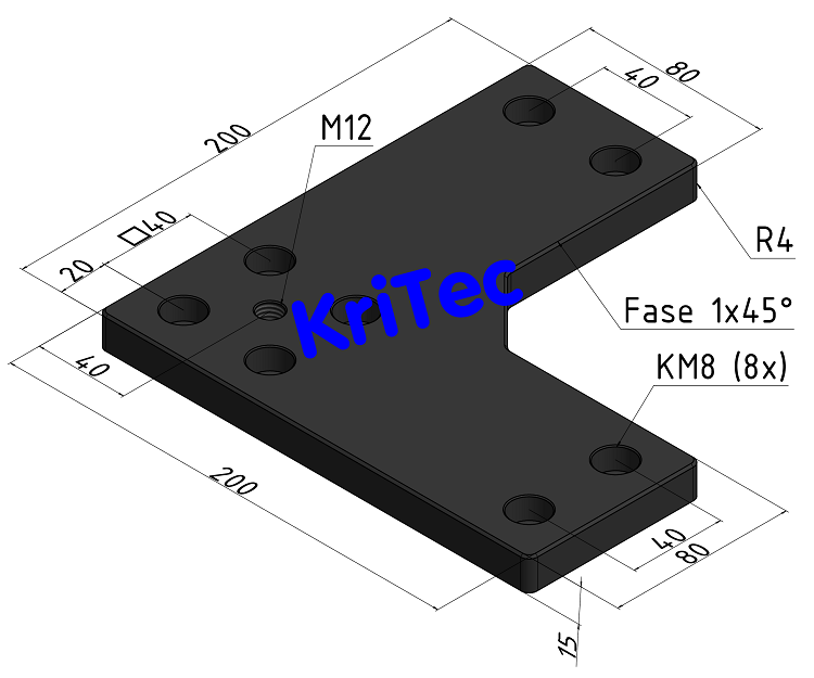 KriTec Transport- und Fußplatte 8 200x200-90° M12 für Profil 8 80x80, schwarz Profilraster: Nutenbre