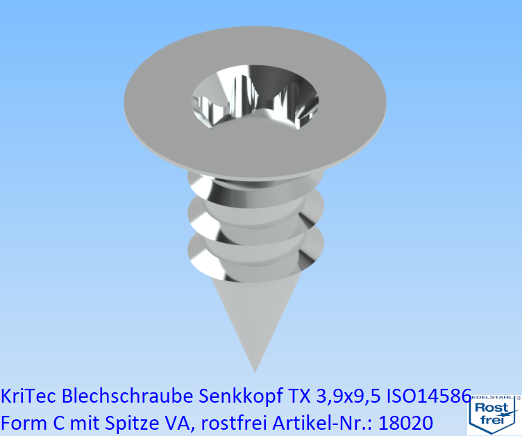 KriTec Blechschraube Senkkopf TX ISO 14586 Form C mit Spitze VA, rostfrei