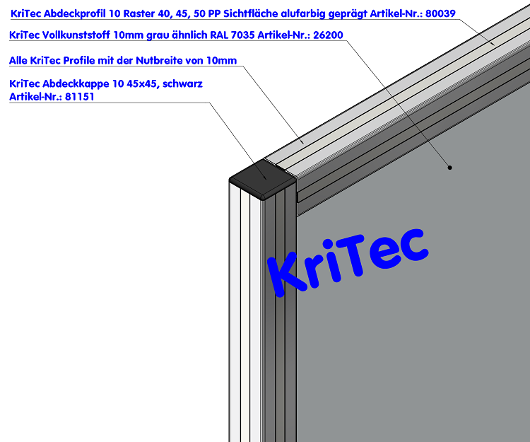 KriTec Abdeckprofil 10 Raster 40, 45, 50 PP Sichtfläche alufarbig geprägt