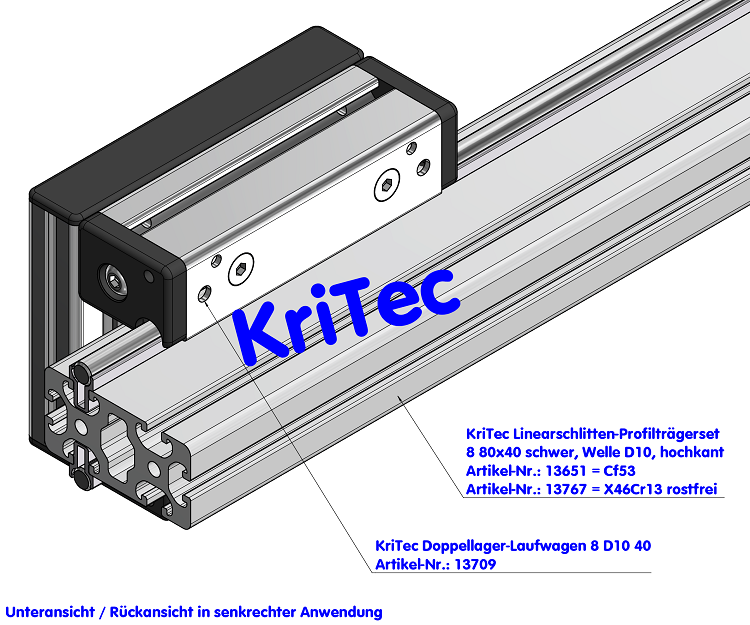 KriTec Linearschlitten-Profilträgerset 8 80x40 schwer, Welle D10, hochkant