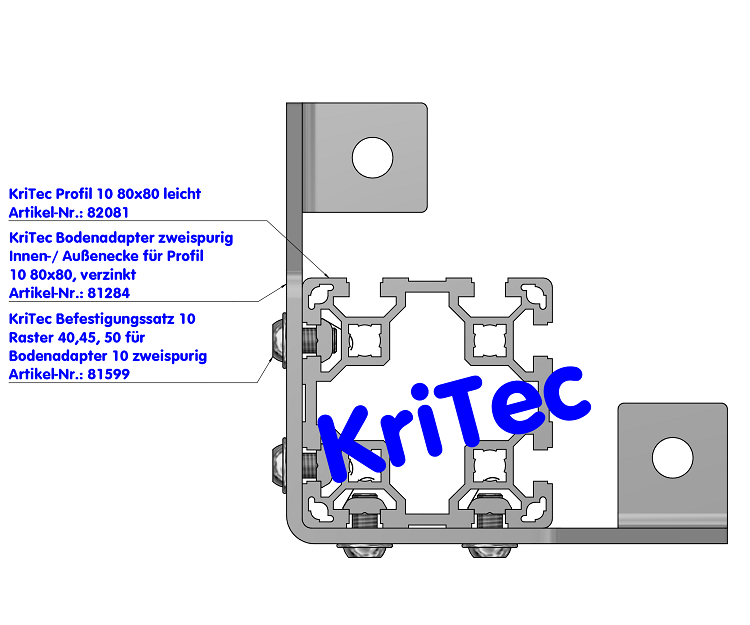 KriTec Bodenadapter zweispurig Innen-/ Außenecke für Profil 10 80x80, verzinkt