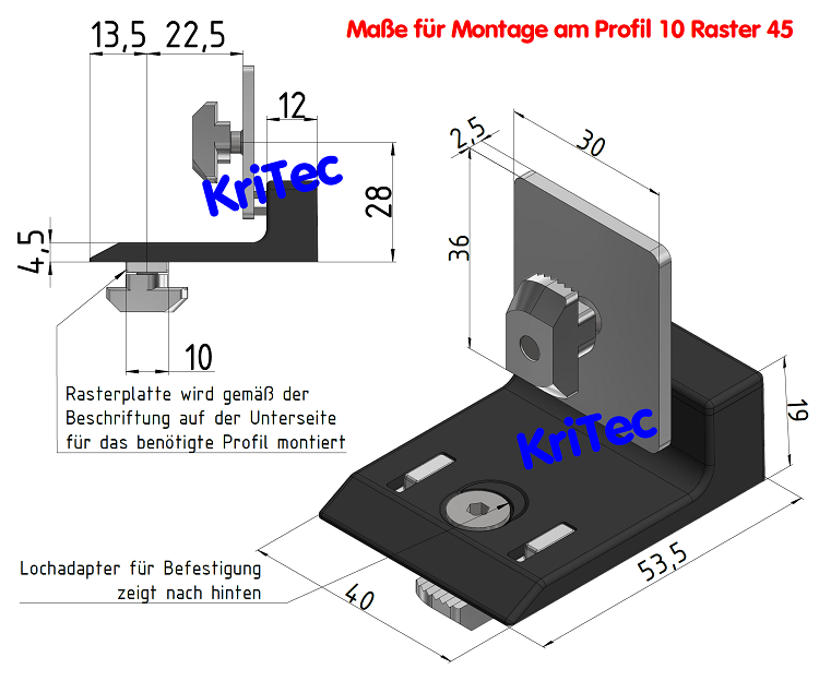 KriTec Magnetanschlag 10 Raster 45, schwarz mit Befestigungssatz