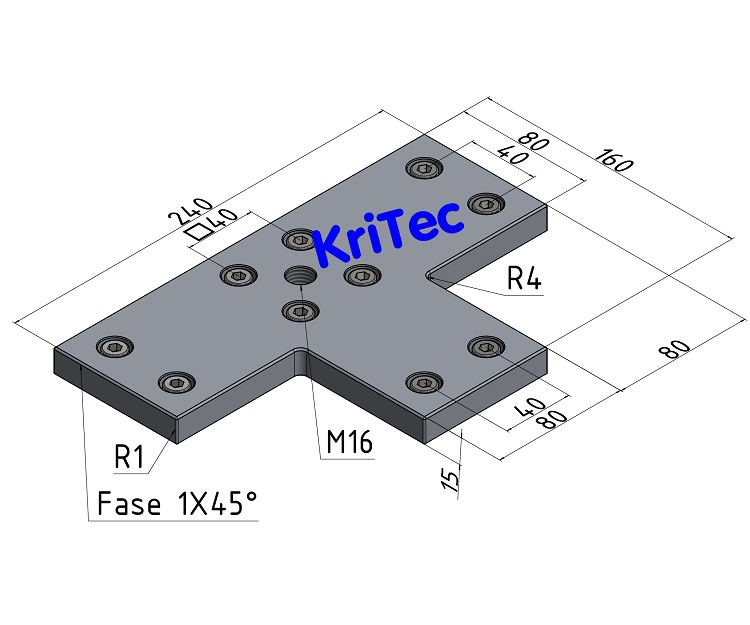 KriTec Transport- und Fußplatte X 8 240x160-2x90° M16 weißaluminium ähnlich RAL 9006