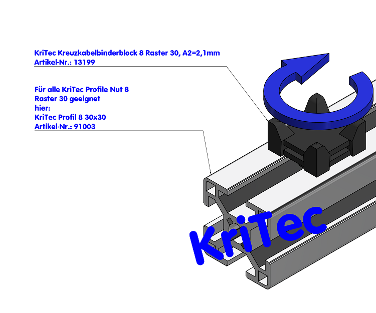 KriTec Kreuzkabelbinderblock 8 Raster 30, schwarz