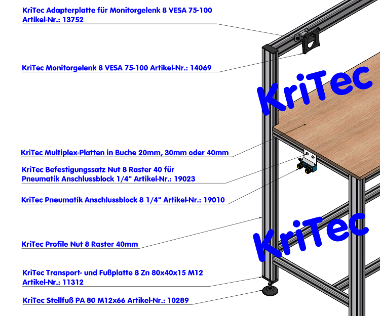 KriTec Standard-Tischplatte 2.000x800x40mm mit Ausklinkungen 41x46mm