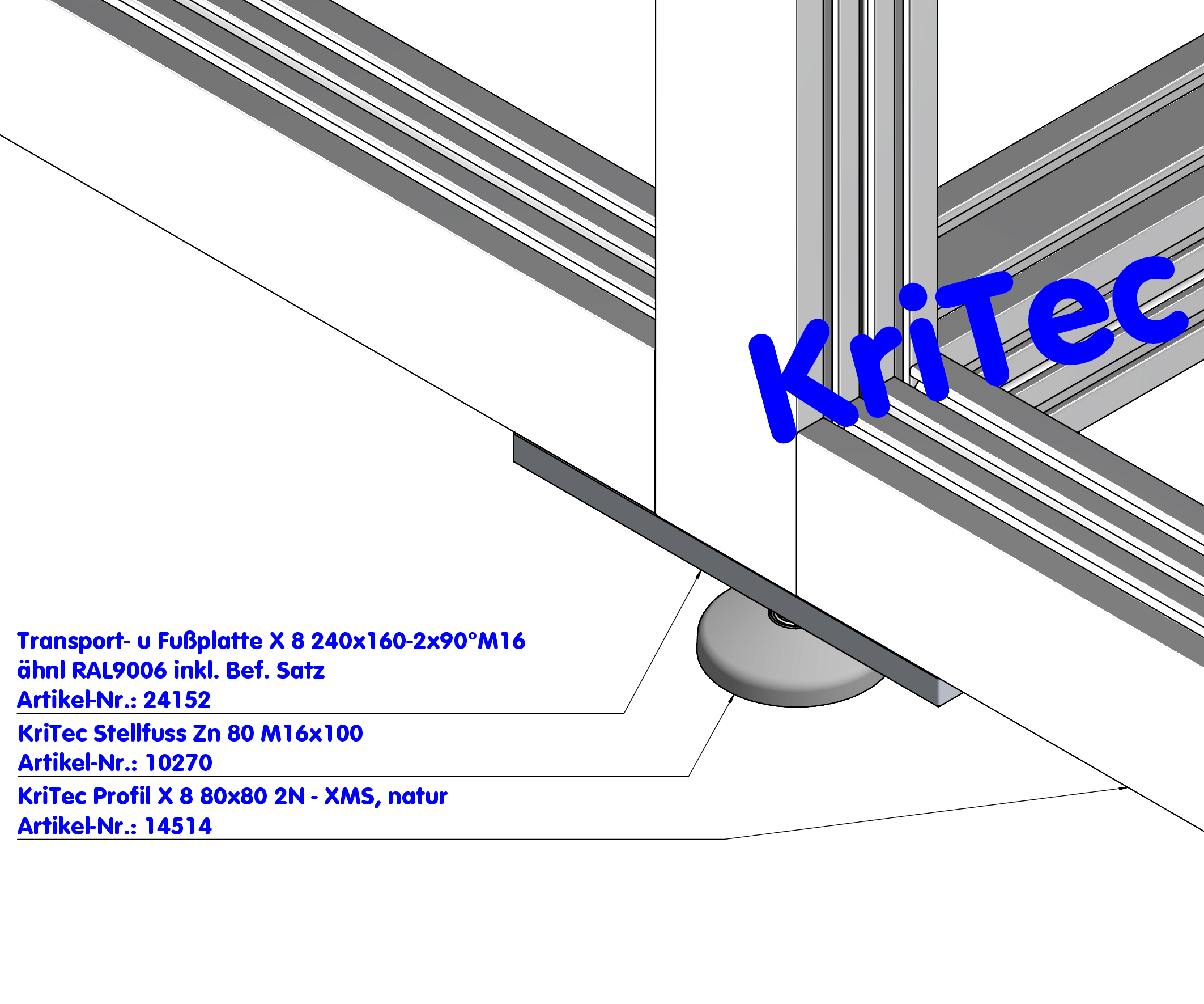 KriTec Transport- und Fußplatte X 8 240x160-2x90° M16 weißaluminium ähnlich RAL 9006