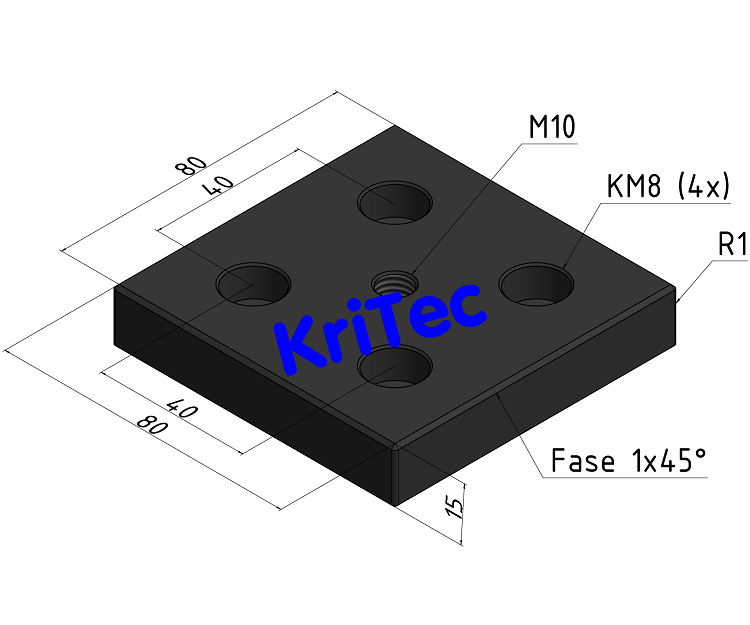 KriTec Transport- und Fußplatte X 8 80x80, M10, schwarz ähnlich RAL 9005